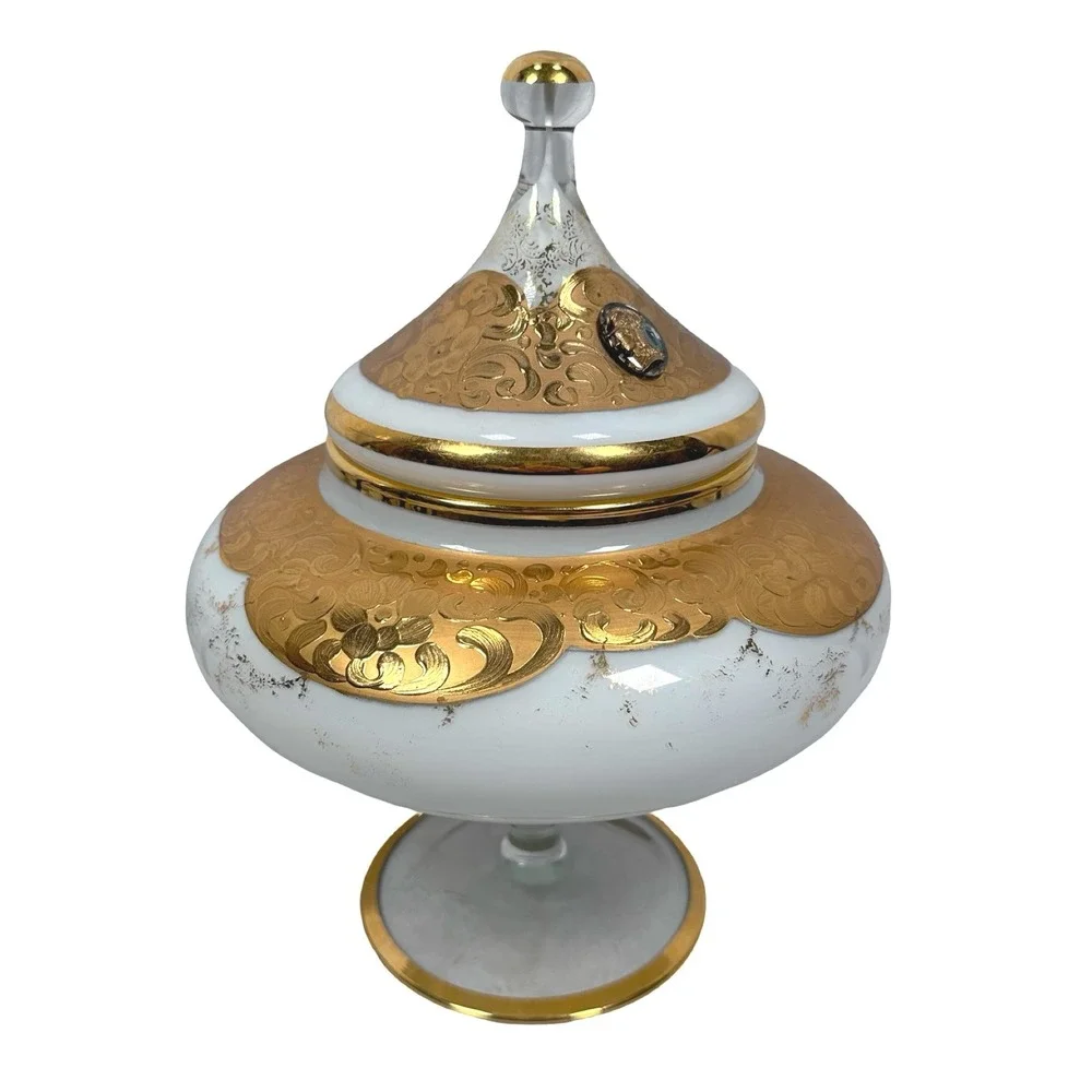 Vintage‎ Empoli Circus Tent Italy White Milk Glass Gold Encrusted Candy Dish Lid